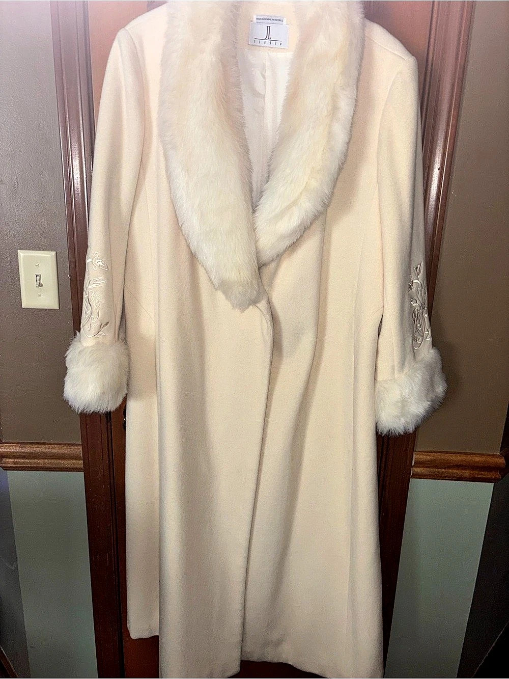 Vintage JL Studio Embroidered Faux Fur Trim Coat in Cream